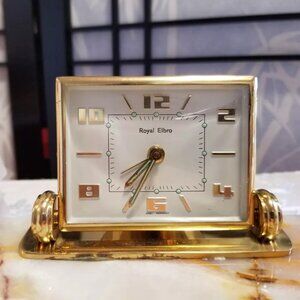 Vintage Brass Royal Elbro Desk Clock w/ Carrara Marble Base Italy - Works